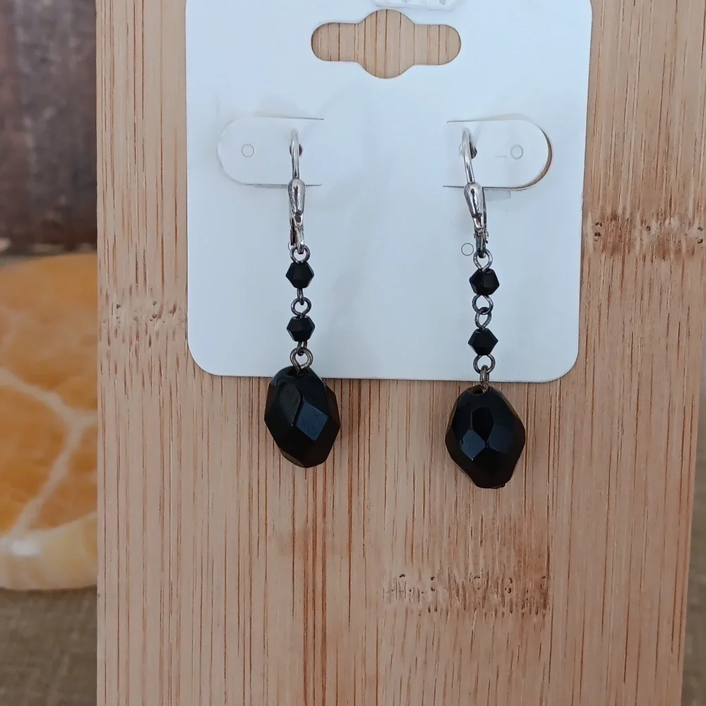 Silver Leverback Black Faceted Beaded Earrings